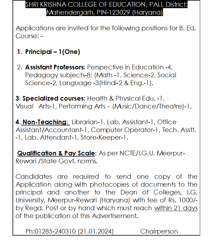 Applications are invited for positions for B.Ed. Course